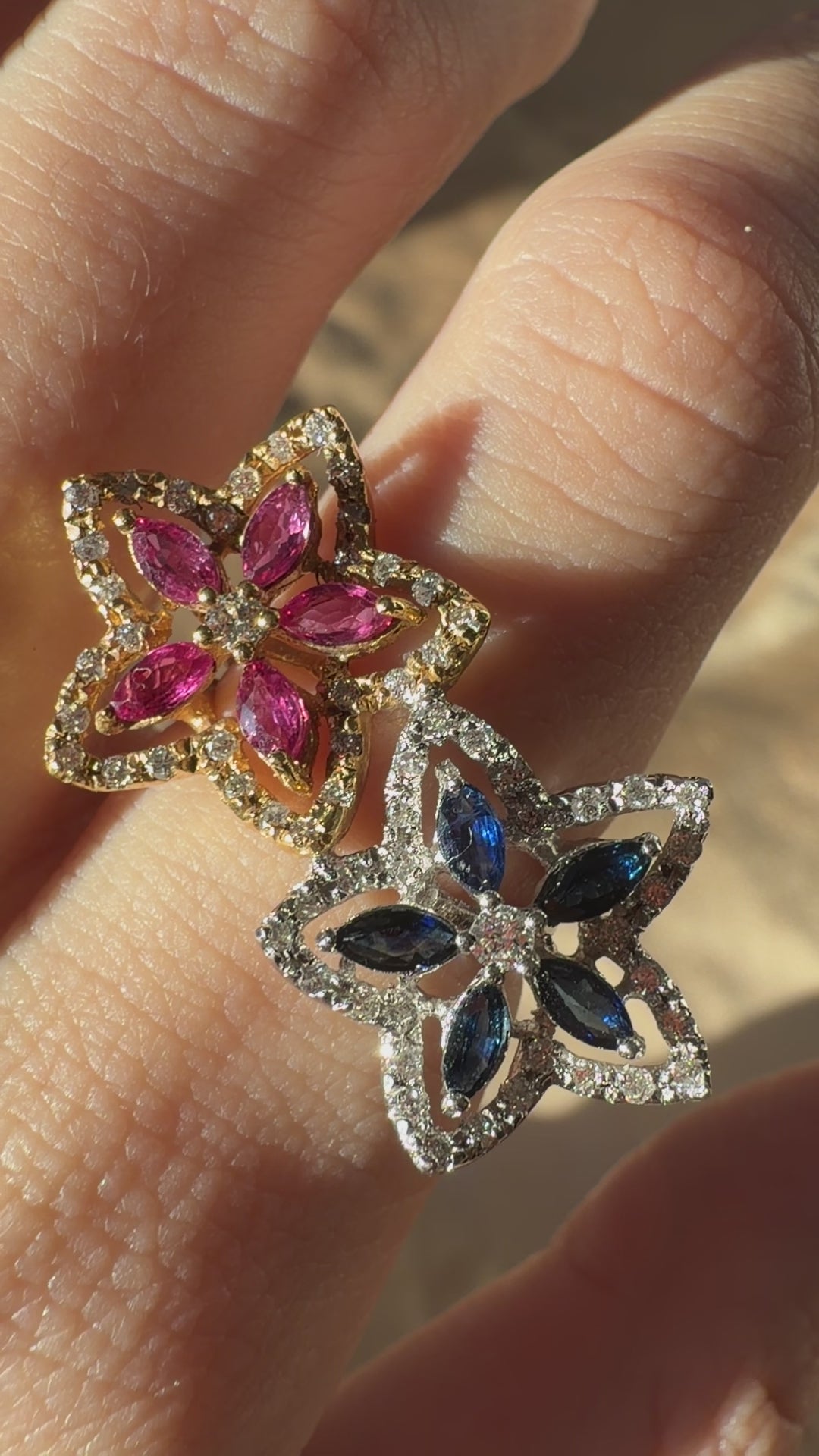 18K Two Tone Marquise Sapphire, Ruby and Diamond Bypass Floral Ring