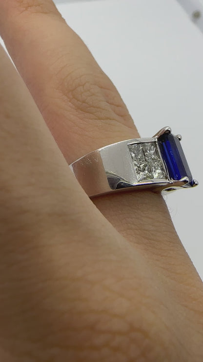 Estate Heavy 18k Mystery Set Diamond and Emerald Cut Sapphire Ring