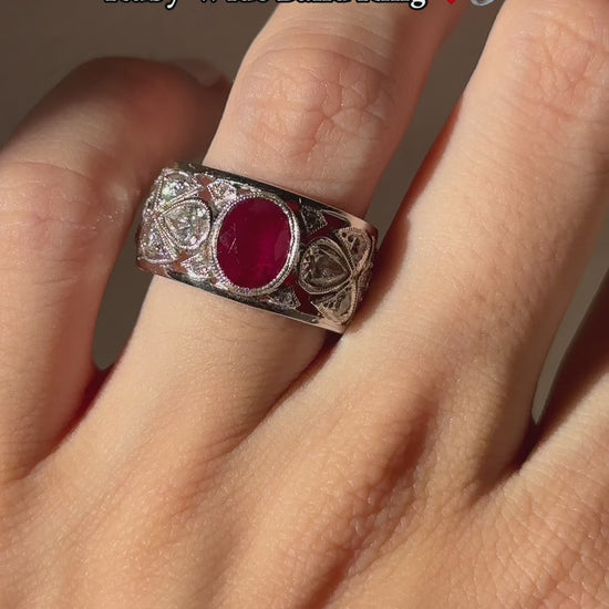 18K White Gold 2.04 Carats Oval Cut Ruby and Diamond Wide Band Ring - Size 6.5
