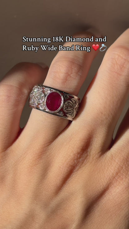 18K White Gold 2.04 Carats Oval Cut Ruby and Diamond Wide Band Ring - Size 6.5