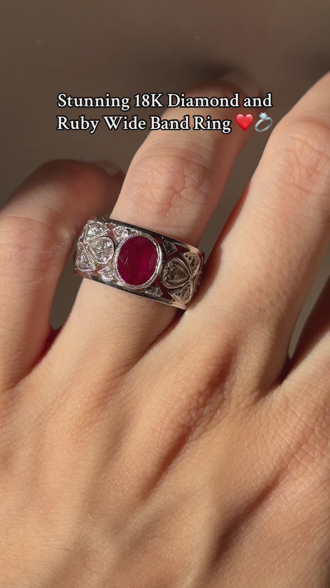 18K White Gold 2.04 Carats Oval Cut Ruby and Diamond Wide Band Ring - Size 6.5