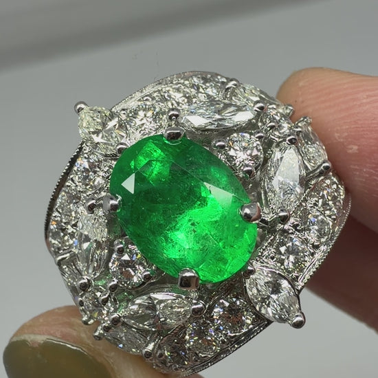 18K White Gold 2.95 Carat Oval Emerald and Marquise Cut Diamond Wide Band Ring