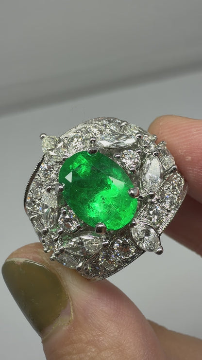 18K White Gold 2.95 Carat Oval Emerald and Marquise Cut Diamond Wide Band Ring