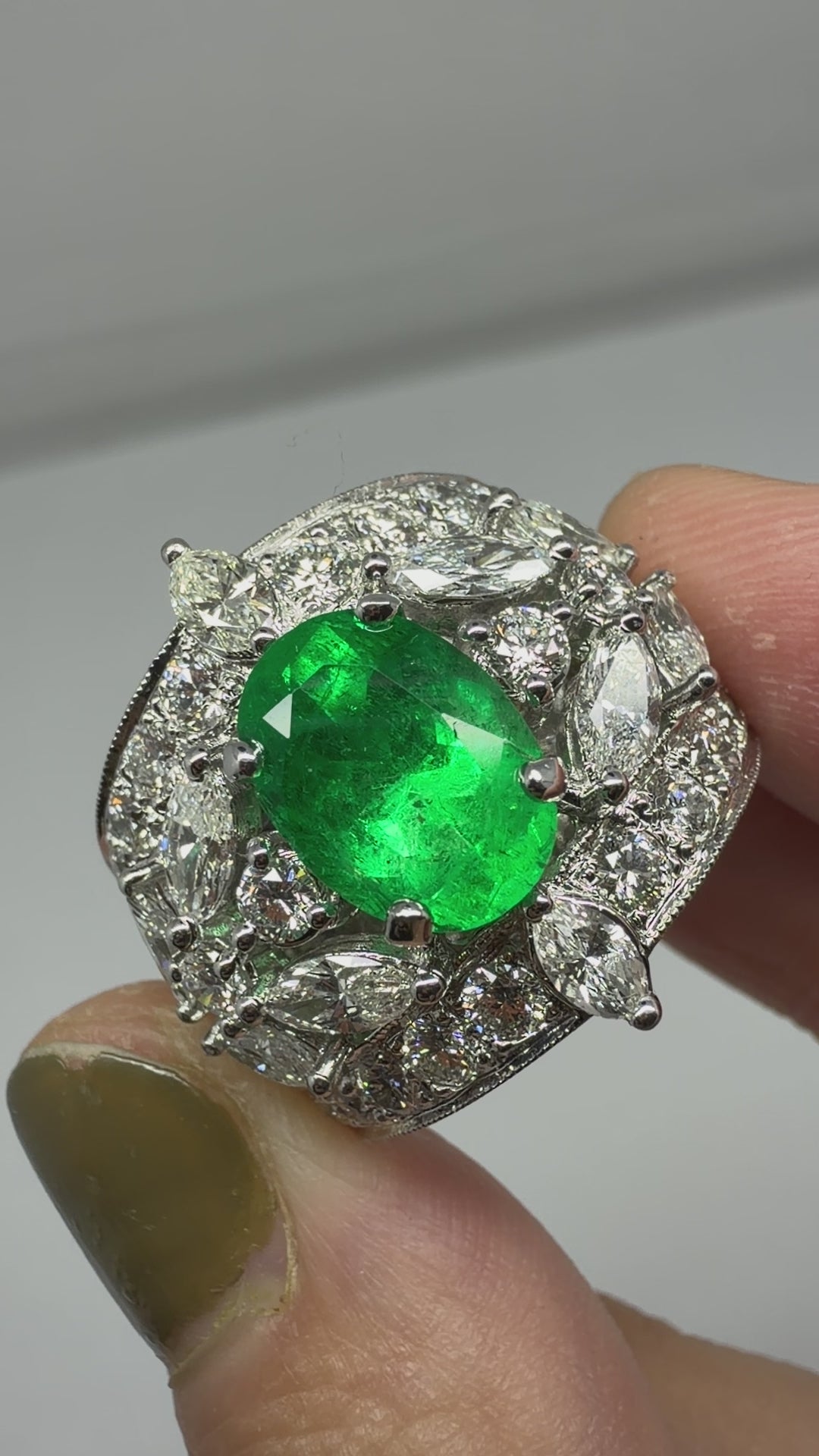 18K White Gold 2.95 Carat Oval Emerald and Marquise Cut Diamond Wide Band Ring