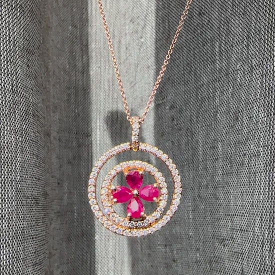 18k Rose Gold Diamond and .85 Carat Pear Cut Ruby Necklace - 18 inch chain