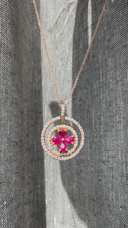 18k Rose Gold Diamond and .85 Carat Pear Cut Ruby Necklace - 18 inch chain