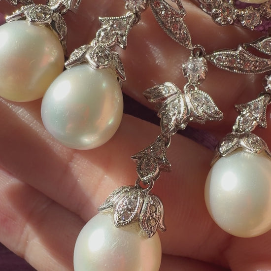 18K White Gold Edwardian Inspired Diamond and Pearl Chandelier Earrings