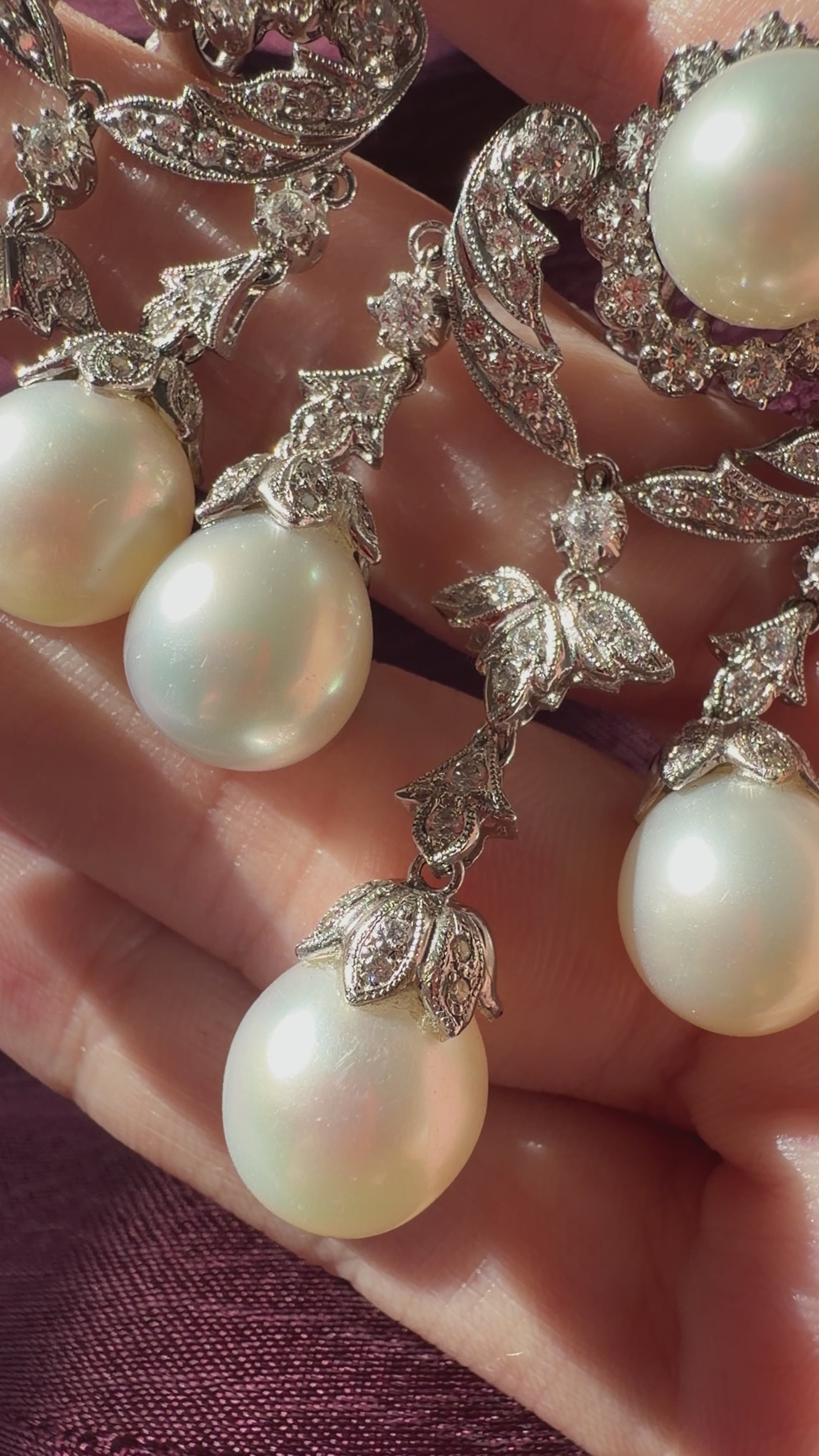 18K White Gold Edwardian Inspired Diamond and Pearl Chandelier Earrings