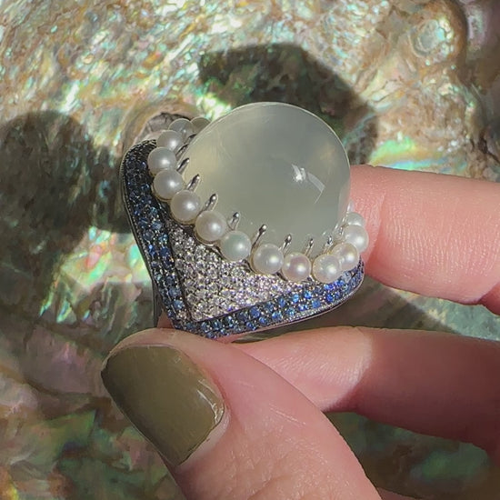 18k White Gold Pearl, Diamond, Sapphire and Moonstone Cocktail Ring