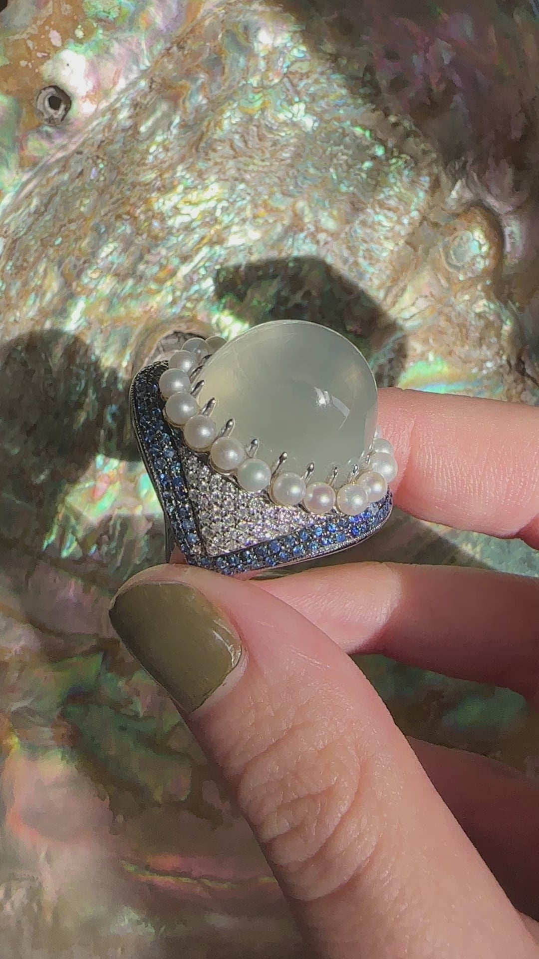 18k White Gold Pearl, Diamond, Sapphire and Moonstone Cocktail Ring