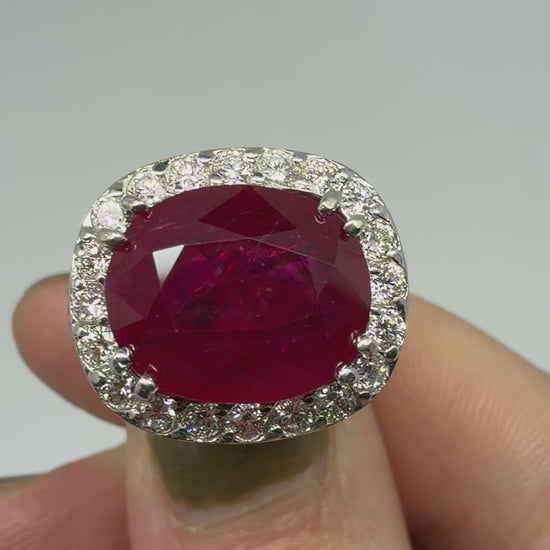 18k White Gold 5.11 Carat Checkered Ruby and Black and White Diamond Ring
