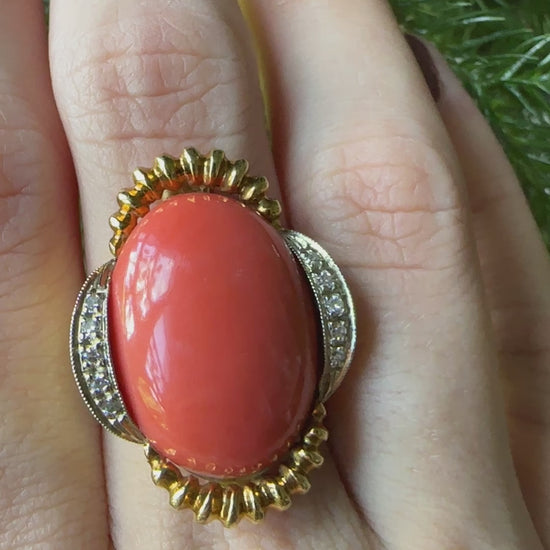 18k 1960's Coral and Diamond Cocktail Ring Marked Italy