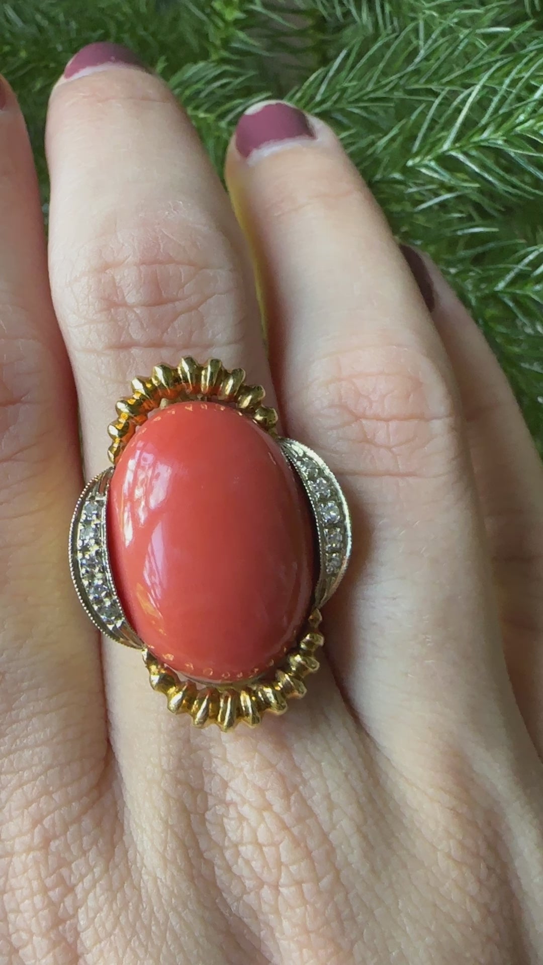 18k 1960's Coral and Diamond Cocktail Ring Marked Italy