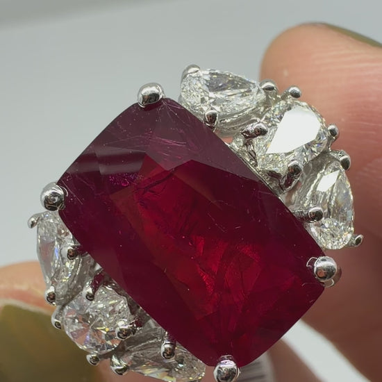18K White Gold 6.55 Carat Ruby and Pear Cut Diamond Ring - Size 6.25