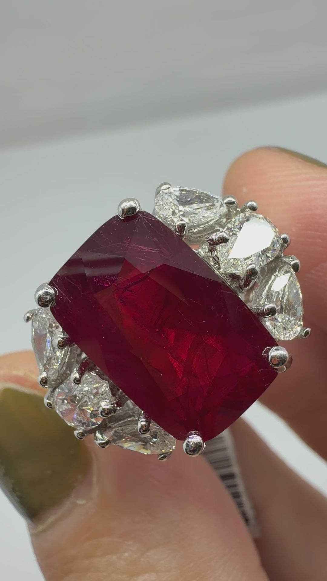 18K White Gold 6.55 Carat Ruby and Pear Cut Diamond Ring - Size 6.25