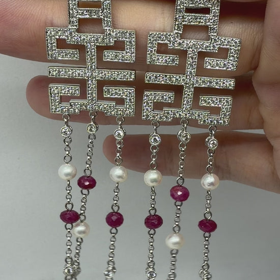 18k White Gold Diamond, Ruby Beads and Pearl Abstract Chandelier Drop Earrings