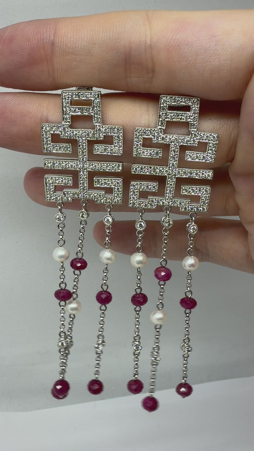 18k White Gold Diamond, Ruby Beads and Pearl Abstract Chandelier Drop Earrings