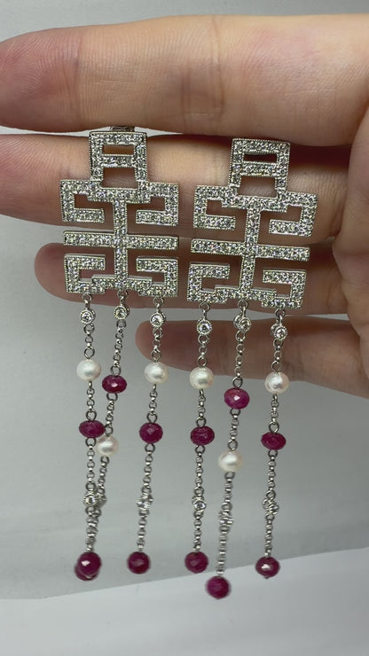 18k White Gold Diamond, Ruby Beads and Pearl Abstract Chandelier Drop Earrings
