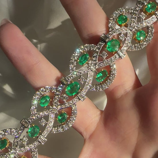 18K Two Tone 6.92 Carat Emerald and Diamond Bracelet - 7.5 inches