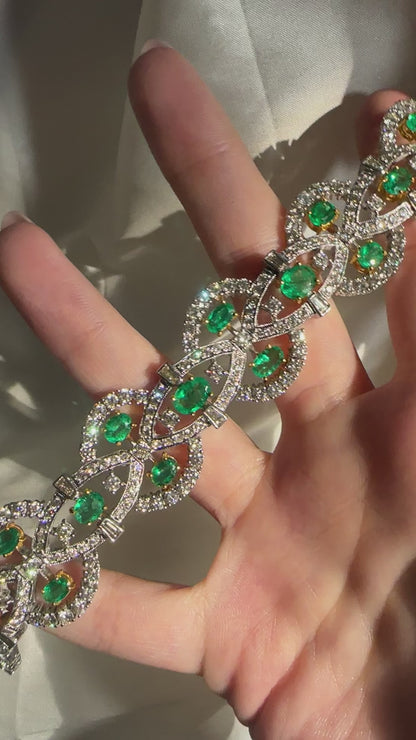 18K Two Tone 6.92 Carat Emerald and Diamond Bracelet - 7.5 inches
