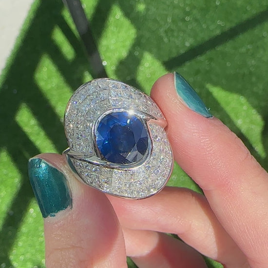 18K 4.40 Carat Sapphire and Princess Cut Diamond Heavy Cocktail Ring
