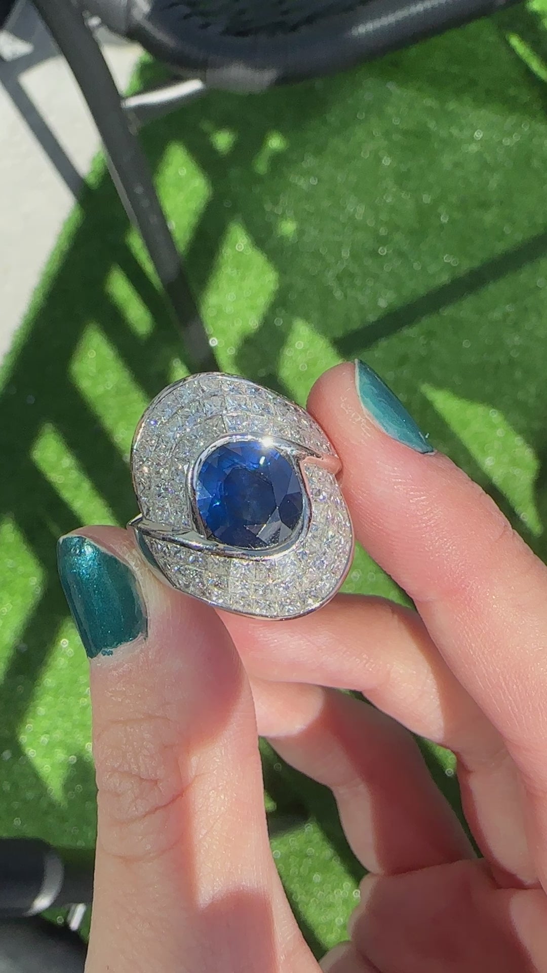 18K 4.40 Carat Sapphire and Princess Cut Diamond Heavy Cocktail Ring