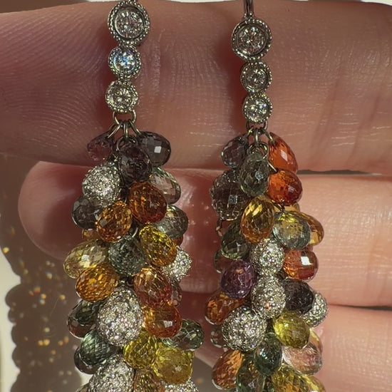 18k White Gold Diamond and Multi Color Sapphire Briolette Earrings