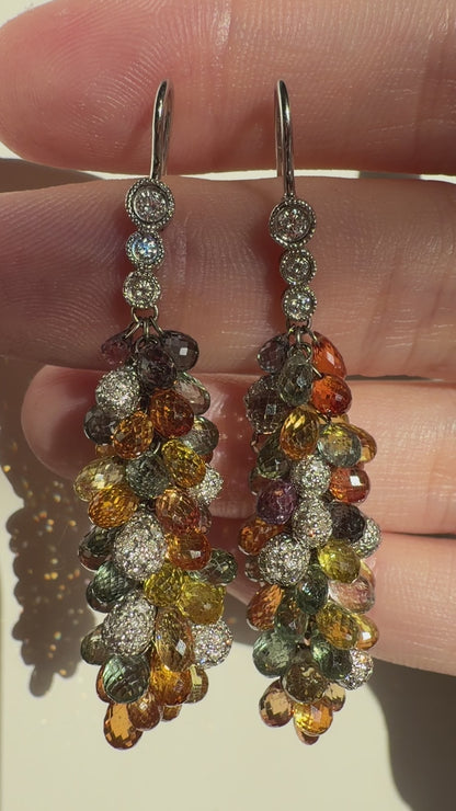 18k White Gold Diamond and Multi Color Sapphire Briolette Earrings
