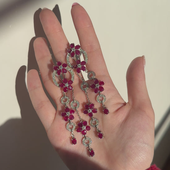 14K White Gold Diamond and 19.71 Carat Oval Ruby Flower Drop Earrings