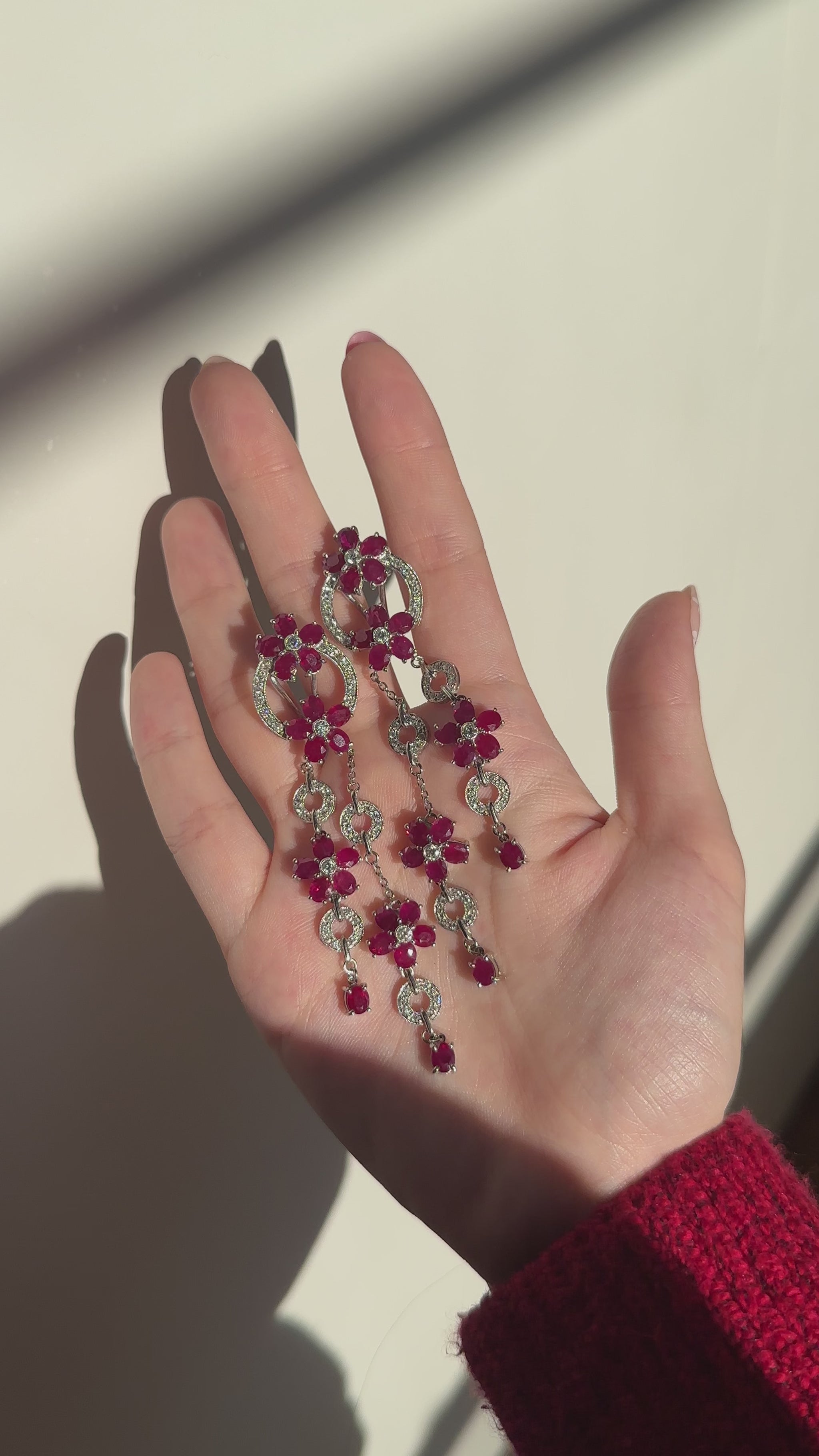 14K White Gold Diamond and 19.71 Carat Oval Ruby Flower Drop Earrings