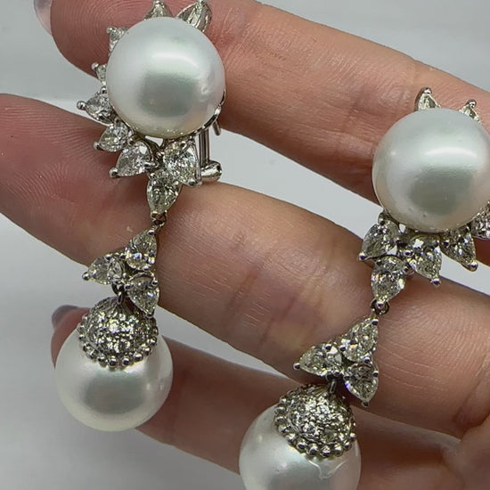 18K White Gold Pear Cut Diamond and Pearl Sunburst Drop Earrings