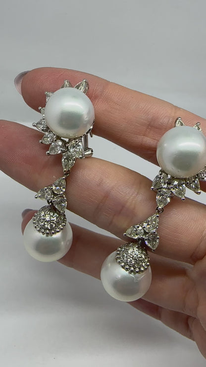 18K White Gold Pear Cut Diamond and Pearl Sunburst Drop Earrings