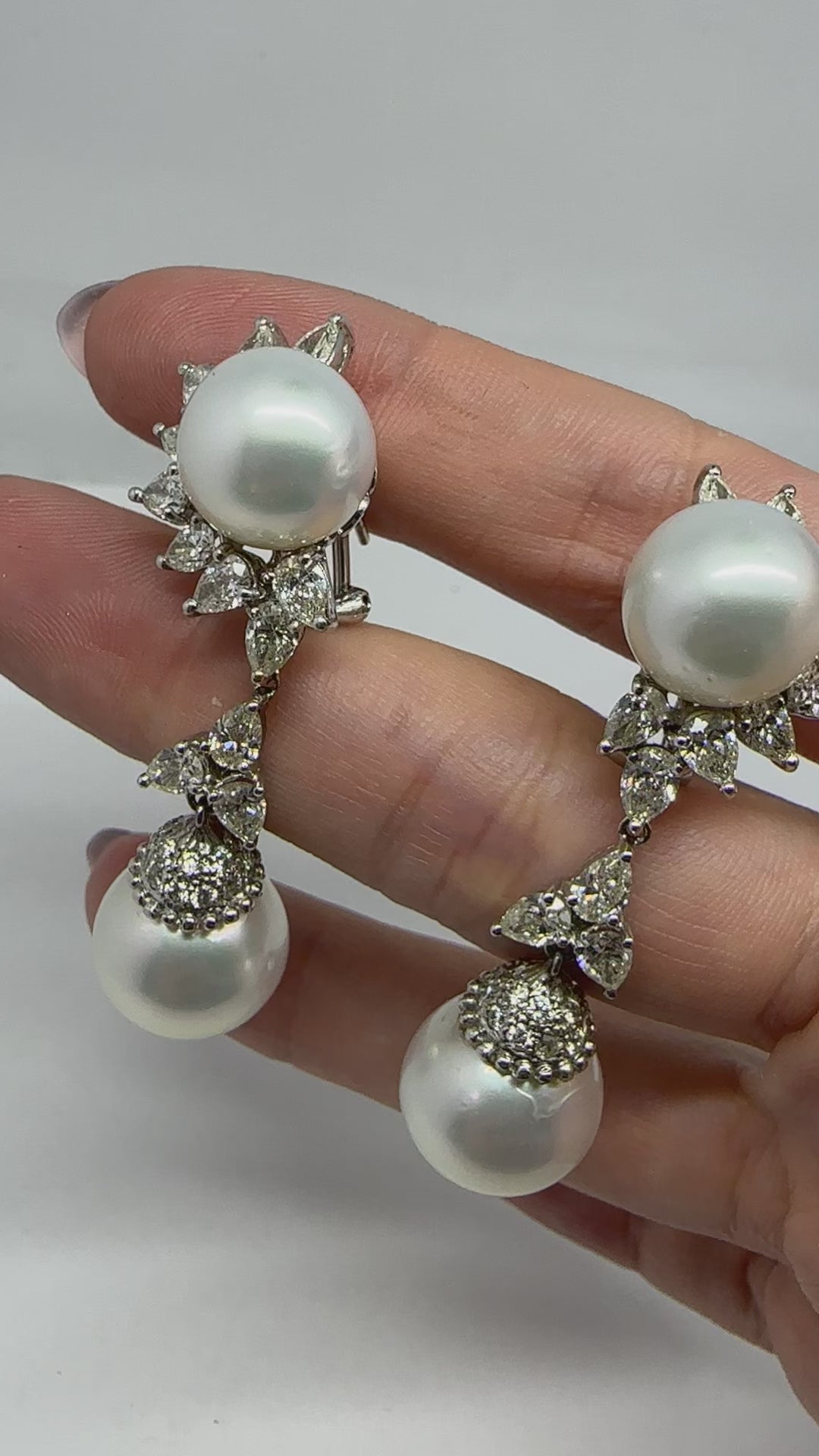 18K White Gold Pear Cut Diamond and Pearl Sunburst Drop Earrings