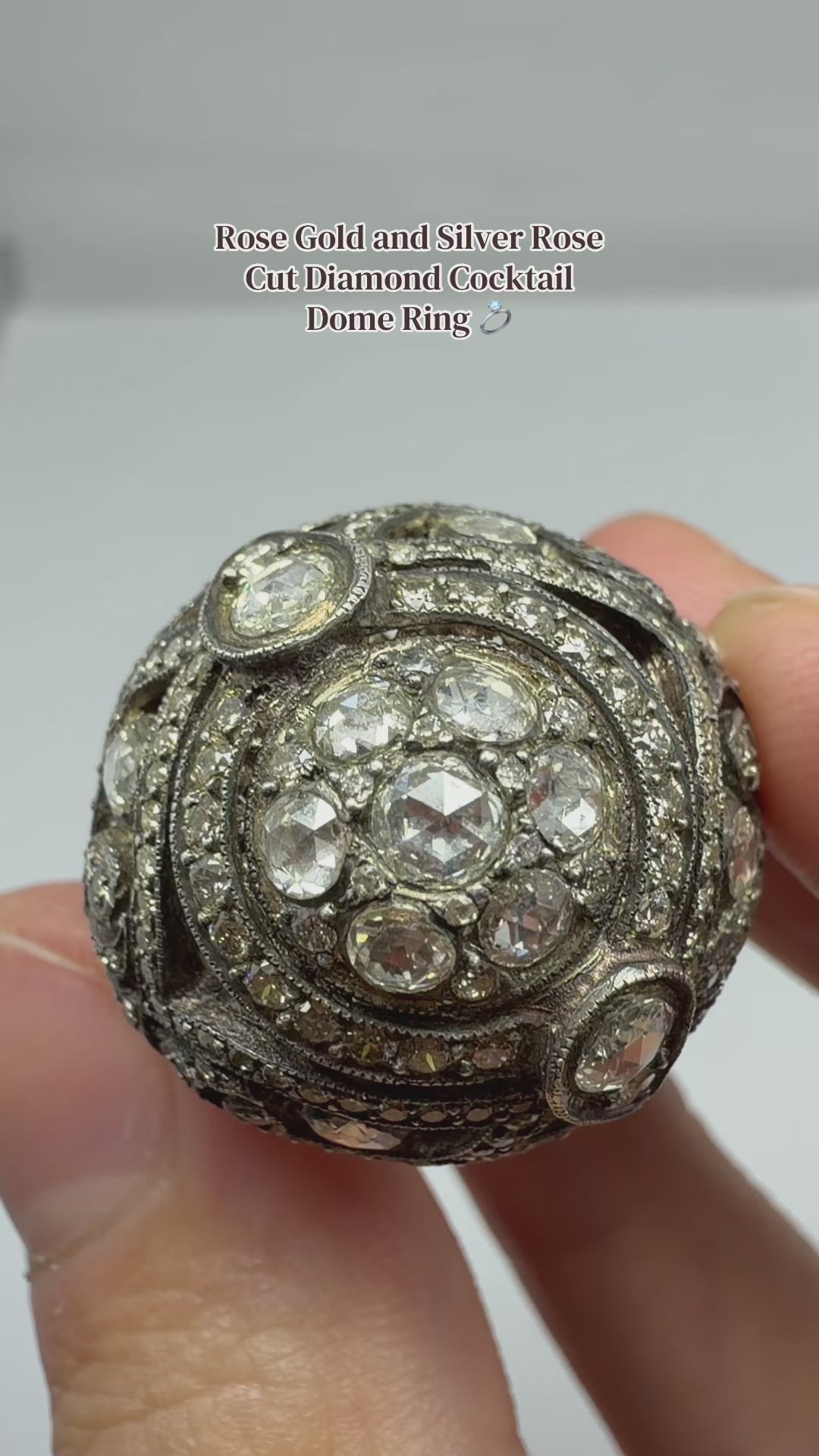 Vintage Inspired Rose Gold and Silver Rose Cut Diamond Dome Cocktail Ring
