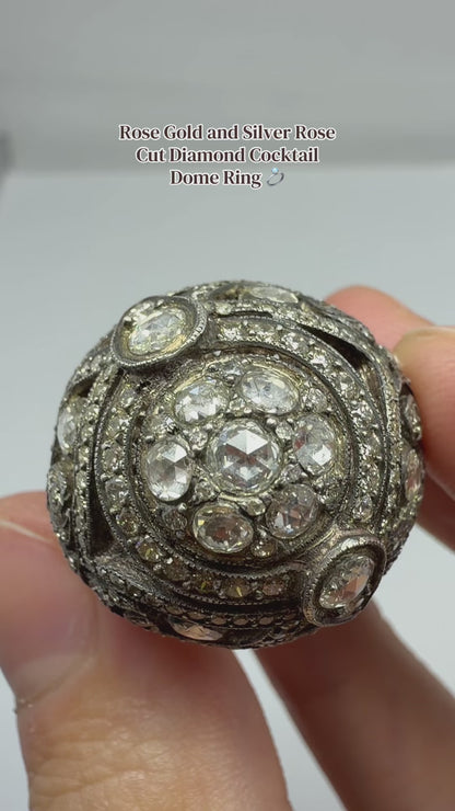 Vintage Inspired Rose Gold and Silver Rose Cut Diamond Dome Cocktail Ring