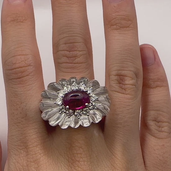 14k 1960's Rock Crystal Diamond and Ruby Ring