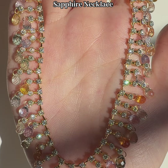 18K Yellow Gold Diamond and Briolette Multicolor Sapphire Necklace