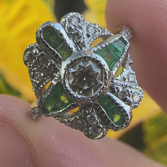 Vintage Inspired 18K White Gold Diamond and Emerald Ring