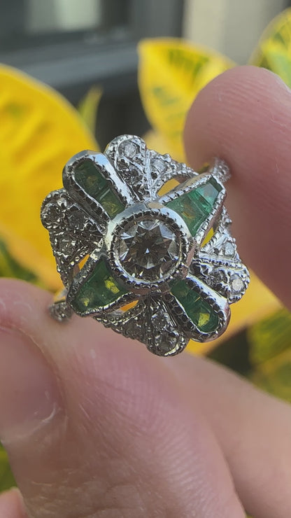 Vintage Inspired 18K White Gold Diamond and Emerald Ring
