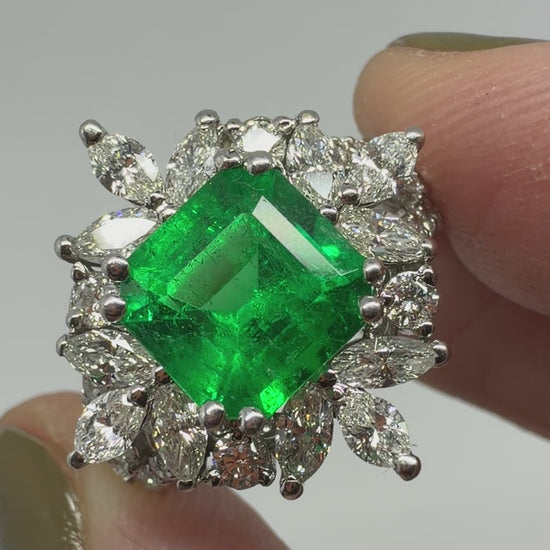 18K White Gold 2.17 carat Emerald and Marquise Cut Diamond Ring - Size 6.5
