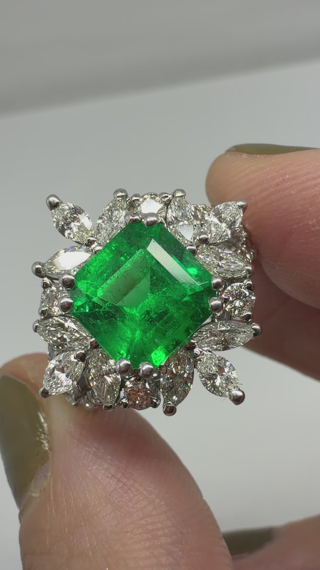 18K White Gold 2.17 carat Emerald and Marquise Cut Diamond Ring - Size 6.5