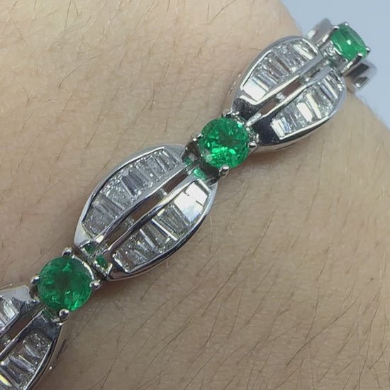 18K White Gold Tapered Baguette Diamond and Emerald Bracelet