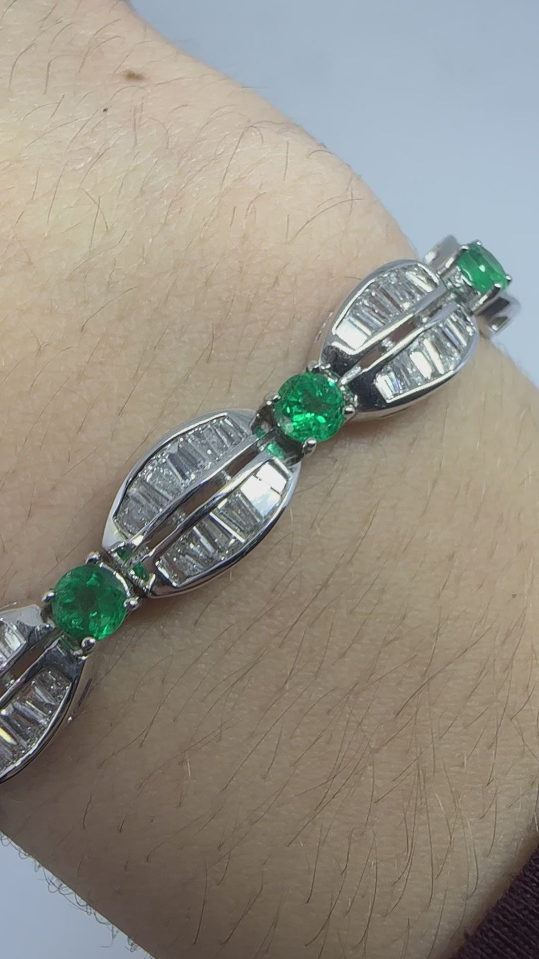 18K White Gold Tapered Baguette Diamond and Emerald Bracelet