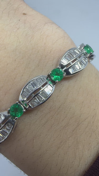 18K White Gold Tapered Baguette Diamond and Emerald Bracelet