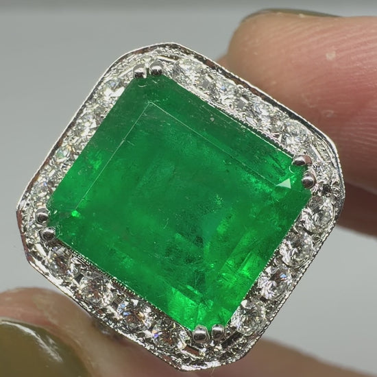 18K White Gold 6.58 Carat Emerald Cut Emerald and Diamond Ring -Size 7