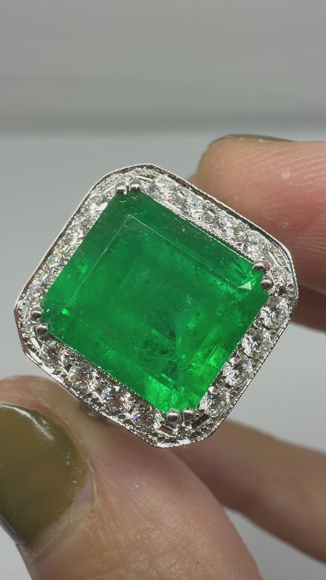 18K White Gold 6.58 Carat Emerald Cut Emerald and Diamond Ring -Size 7