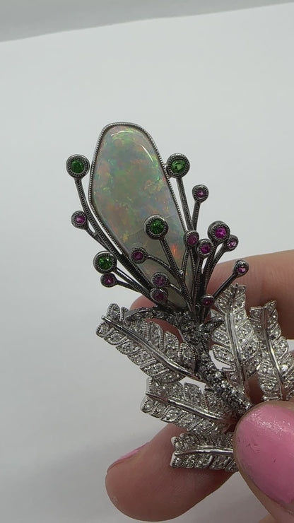 18k Estate Opal, Diamond and Gemstone Brooch