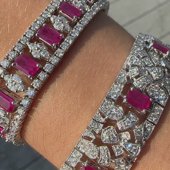 18K White Gold 10.36 Carat Emerald Cut Ruby and Diamond Bracelet - 7.5 in.