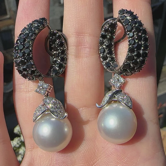 18K White Gold Black and White Diamond and Pearl Drop Earrings