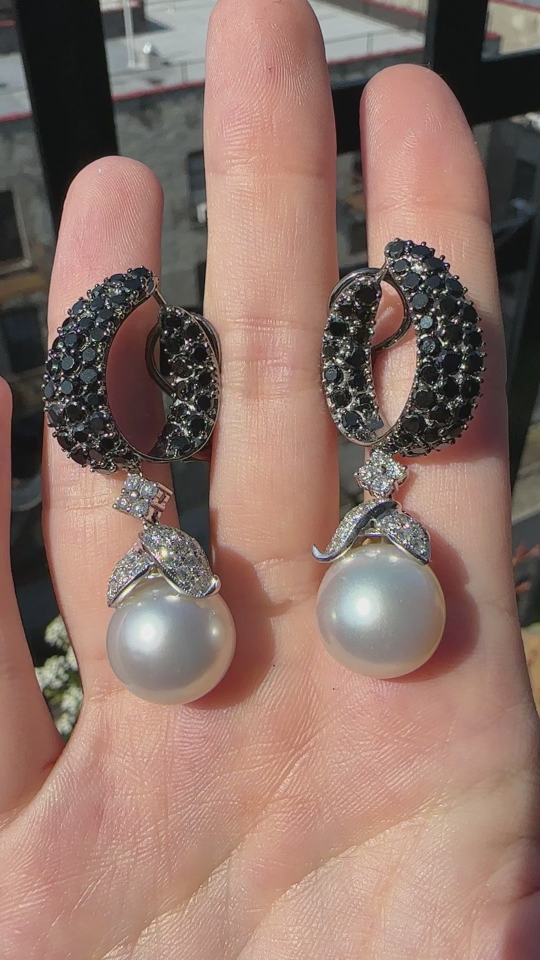 18K White Gold Black and White Diamond and Pearl Drop Earrings